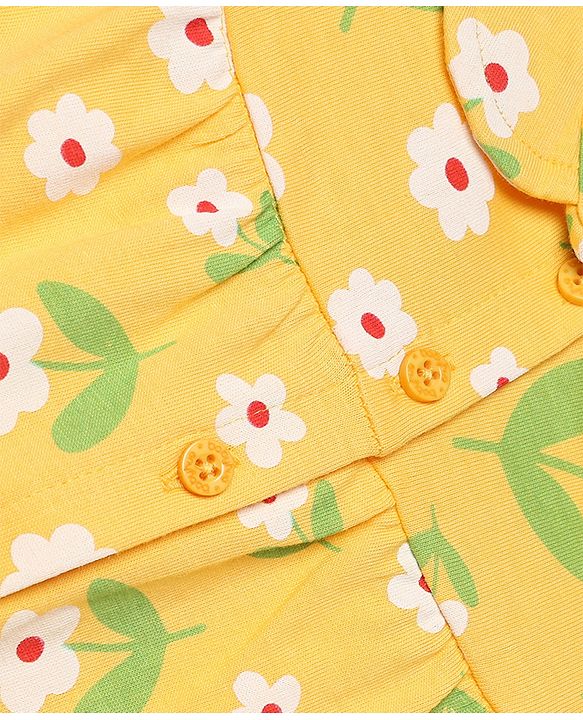 Babyhug 100% Cotton Knit Full Sleeves Co-Ords T-Shirt & Pyjama Night Suit with Floral Print - Yellow