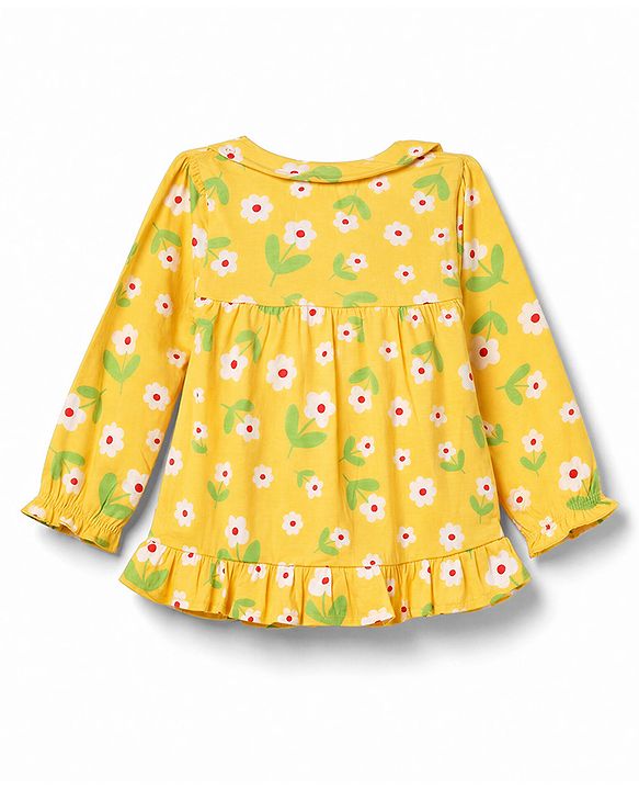 Babyhug 100% Cotton Knit Full Sleeves Co-Ords T-Shirt & Pyjama Night Suit with Floral Print - Yellow