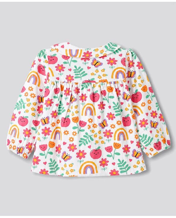 Babyhug 100% Cotton Knit Full Sleeves Co-Ords Top & Pyjama Night Suit with Rainbow Floral & Butterfly Print - Dark Pink