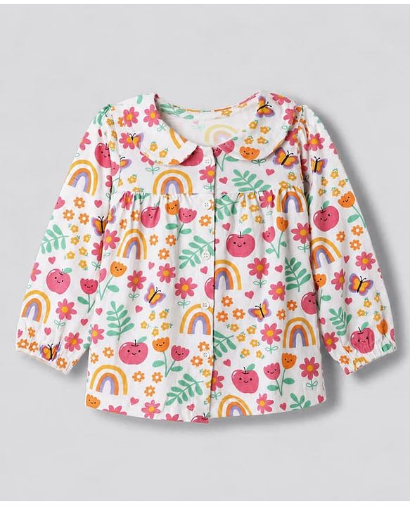 Babyhug 100% Cotton Knit Full Sleeves Co-Ords Top & Pyjama Night Suit with Rainbow Floral & Butterfly Print - Dark Pink