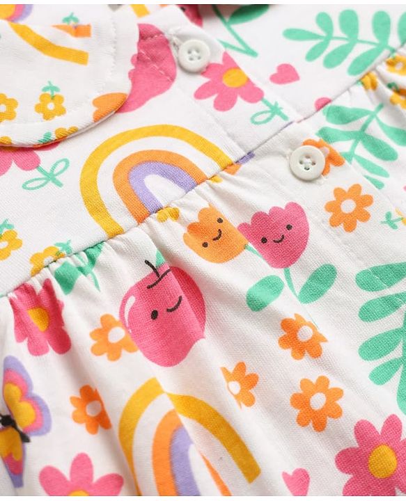Babyhug 100% Cotton Knit Full Sleeves Co-Ords Top & Pyjama Night Suit with Rainbow Floral & Butterfly Print - Dark Pink