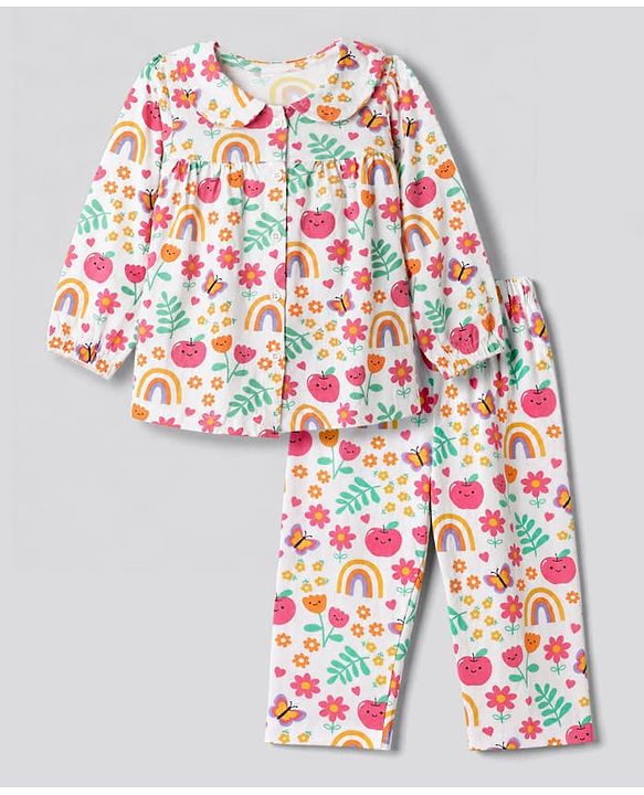 Babyhug 100% Cotton Knit Full Sleeves Co-Ords Top & Pyjama Night Suit with Rainbow Floral & Butterfly Print - Dark Pink