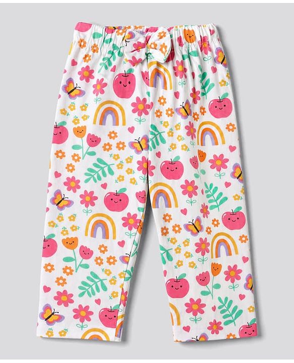 Babyhug 100% Cotton Knit Full Sleeves Co-Ords Top & Pyjama Night Suit with Rainbow Floral & Butterfly Print - Dark Pink