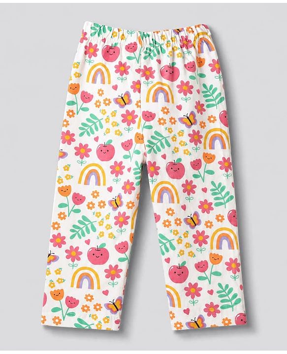 Babyhug 100% Cotton Knit Full Sleeves Co-Ords Top & Pyjama Night Suit with Rainbow Floral & Butterfly Print - Dark Pink