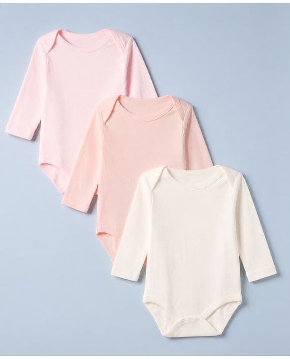 Babyhug 100% Cotton Interlock Knit Solid Onesies with Full Sleeves Pack of 3 - Peach, Pink & White