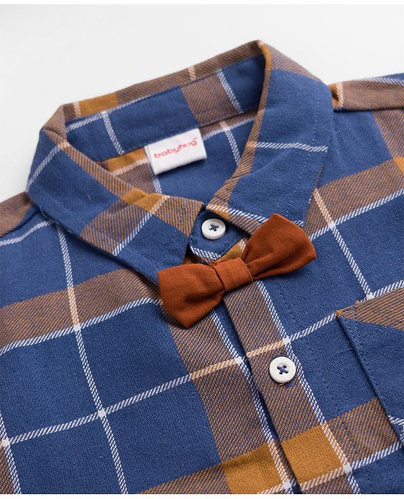 Babyhug 100% Cotton Woven Full Sleeves Checked Shirt and Pant Set - Brown