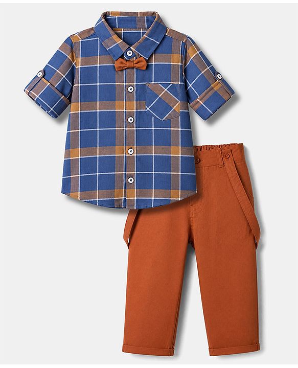 Babyhug 100% Cotton Woven Full Sleeves Checked Shirt and Pant Set - Brown