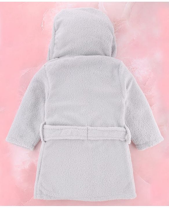 Babyhug Velour Microfiber Knit Full Sleeves Hooded Bath Robe With Elephant Embroidery & Ear Applique - Grey