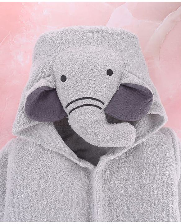 Babyhug Velour Microfiber Knit Full Sleeves Hooded Bath Robe With Elephant Embroidery & Ear Applique - Grey