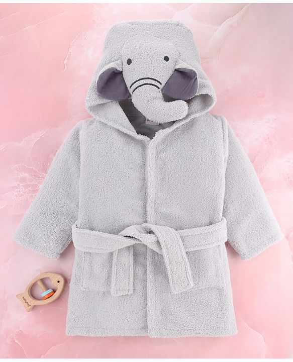Babyhug Velour Microfiber Knit Full Sleeves Hooded Bath Robe With Elephant Embroidery & Ear Applique - Grey