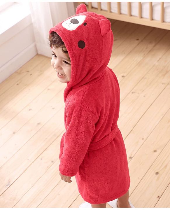 Babyhug Velour Microfiber Knit Full Sleeves Hooded Bath Robe With Bear Embroidery & Ear Applique - Red