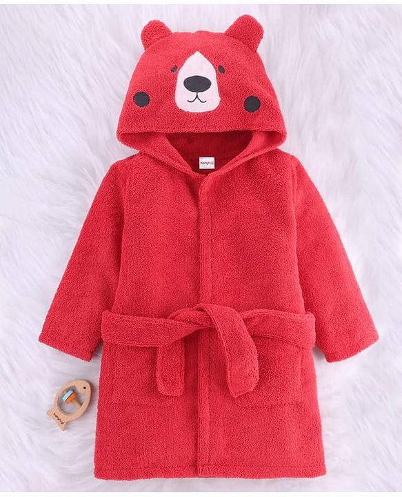 Babyhug Velour Microfiber Knit Full Sleeves Hooded Bath Robe With Bear Embroidery & Ear Applique - Red