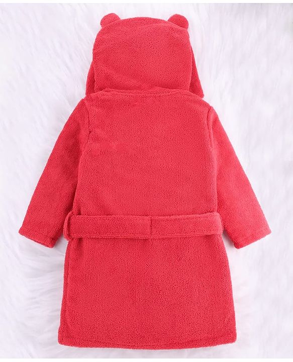 Babyhug Velour Microfiber Knit Full Sleeves Hooded Bath Robe With Bear Embroidery & Ear Applique - Red