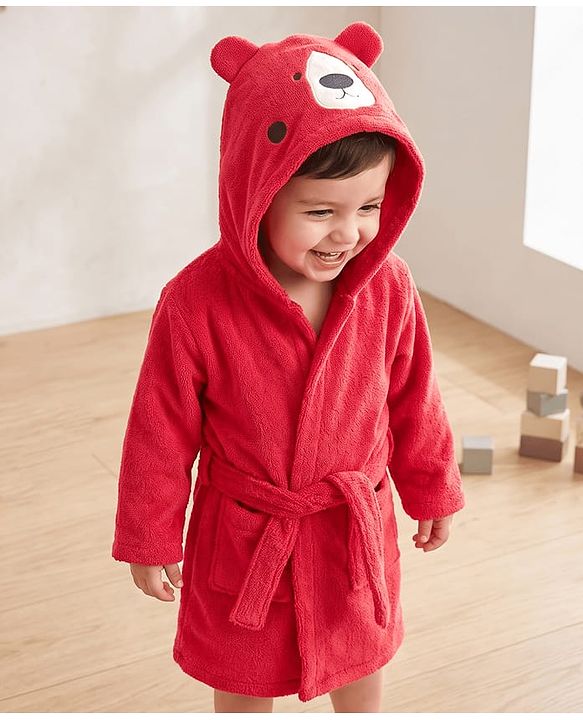 Babyhug Velour Microfiber Knit Full Sleeves Hooded Bath Robe With Bear Embroidery & Ear Applique - Red