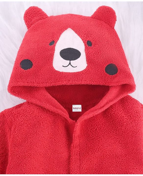 Babyhug Velour Microfiber Knit Full Sleeves Hooded Bath Robe With Bear Embroidery & Ear Applique - Red
