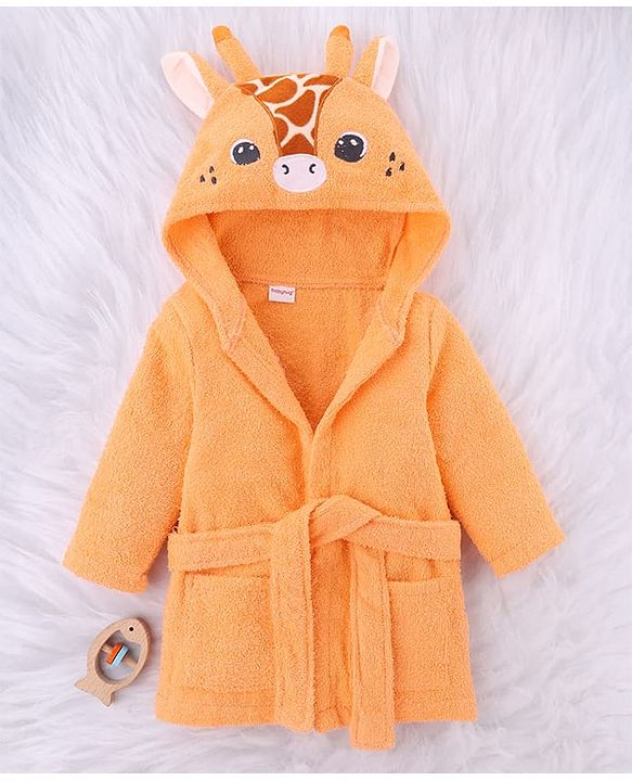 Babyhug Microfiber Knit Full Sleeves Hooded Bath Robe With Giraffe Embroidery & Ear Applique - Orange