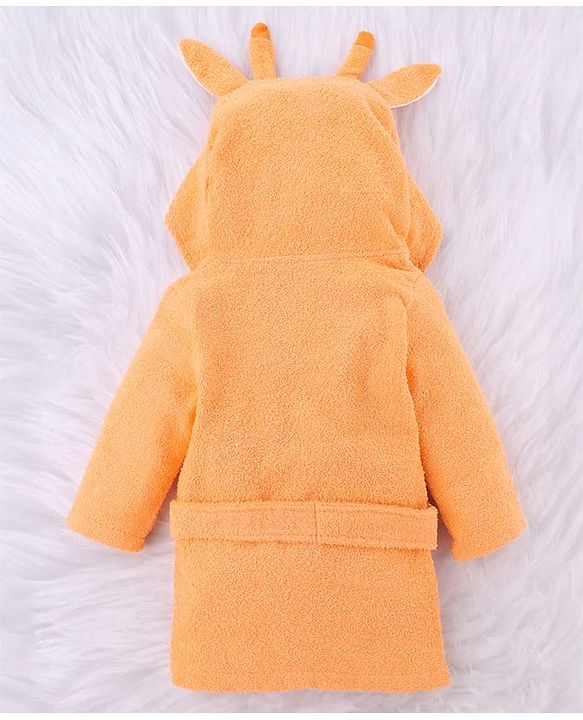 Babyhug Microfiber Knit Full Sleeves Hooded Bath Robe With Giraffe Embroidery & Ear Applique - Orange