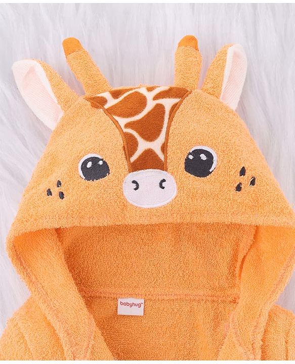 Babyhug Microfiber Knit Full Sleeves Hooded Bath Robe With Giraffe Embroidery & Ear Applique - Orange