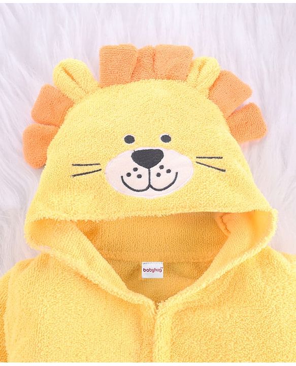 Babyhug Velour Microfiber Knit Full Sleeves Hooded Bath Robe With Tiger Embroidery & Ear Applique - Yellow