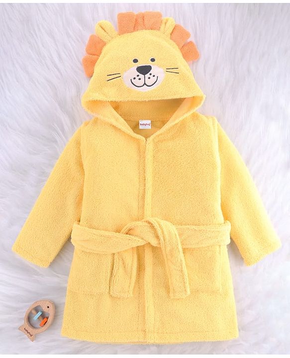 Babyhug Velour Microfiber Knit Full Sleeves Hooded Bath Robe With Tiger Embroidery & Ear Applique - Yellow