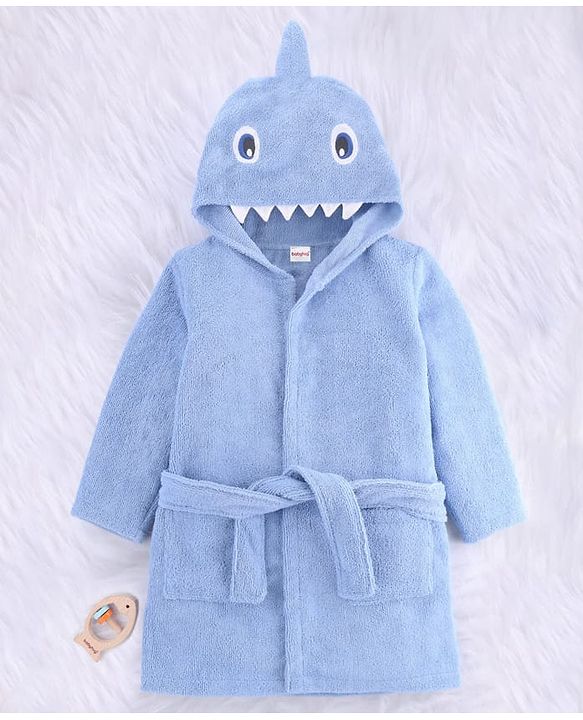 Babyhug Velour Microfiber Knit Full Sleeves Hooded Bath Robe With Shark Embroidery & Ear Applique - Light Blue