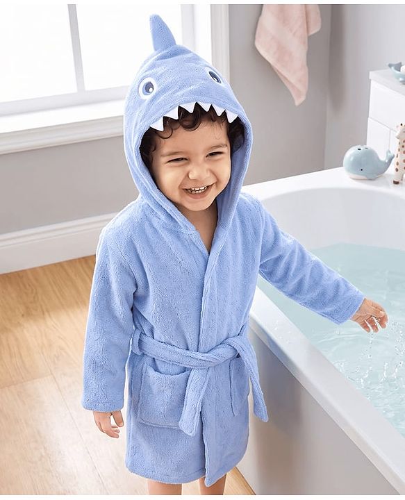 Babyhug Velour Microfiber Knit Full Sleeves Hooded Bath Robe With Shark Embroidery & Ear Applique - Light Blue