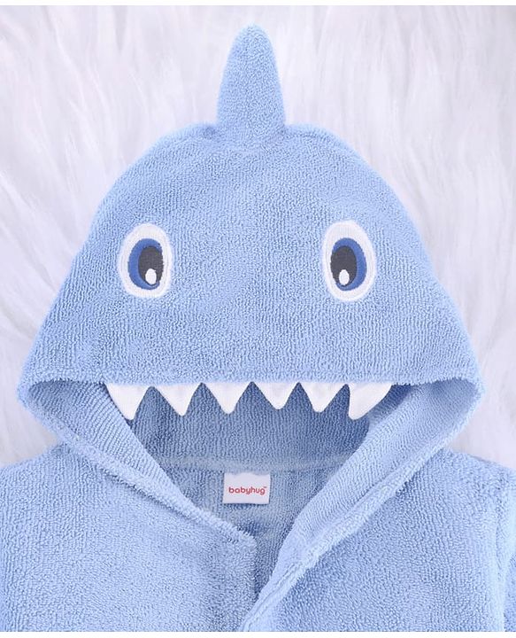 Babyhug Velour Microfiber Knit Full Sleeves Hooded Bath Robe With Shark Embroidery & Ear Applique - Light Blue