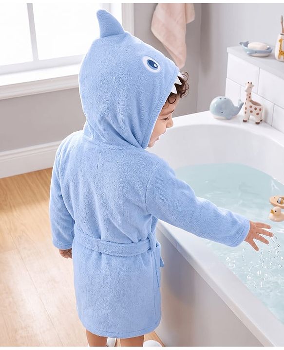 Babyhug Velour Microfiber Knit Full Sleeves Hooded Bath Robe With Shark Embroidery & Ear Applique - Light Blue