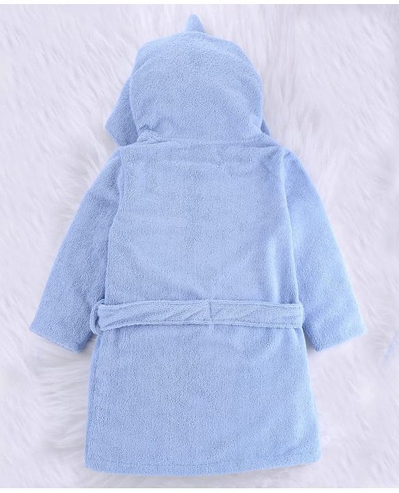 Babyhug Velour Microfiber Knit Full Sleeves Hooded Bath Robe With Shark Embroidery & Ear Applique - Light Blue