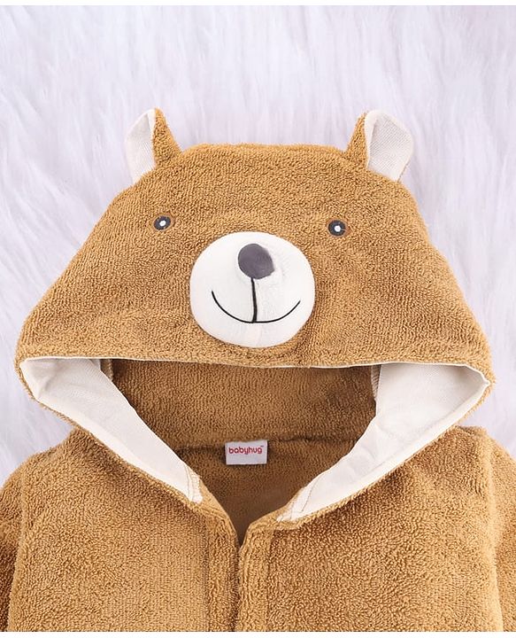 Babyhug Velour Microfiber Knit Full Sleeves Hooded Bath Robe With Bear Embroidery & Ear Applique - Brown