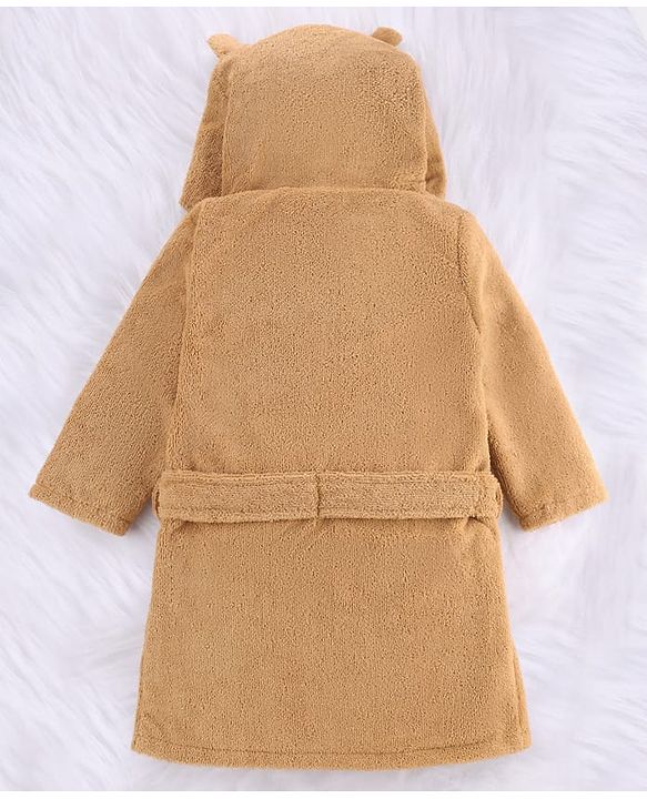 Babyhug Velour Microfiber Knit Full Sleeves Hooded Bath Robe With Bear Embroidery & Ear Applique - Brown