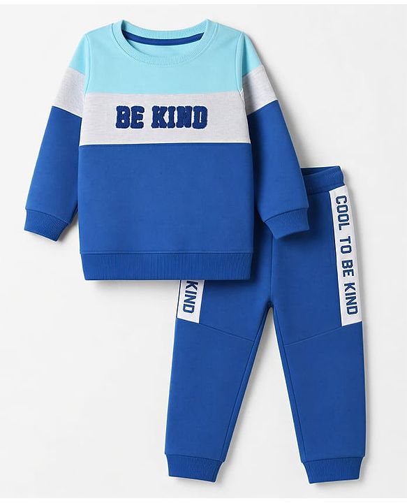 Babyhug 100% Cotton Terry Knit Full Sleeves T-Shirt & Joggers Set With Text Print - Blue