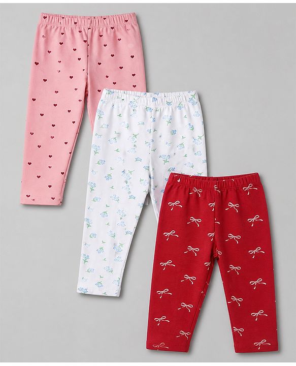 Babyhug Cotton Terry Knit Full Length Leggings with Floral & Heart Print Pack of 3 - Pink Red & White