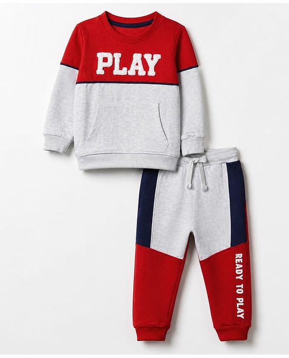 Babyhug 100% Cotton Knit Full Sleeves Text Embroidered & Printed T-Shirt & Jogger Set - Red & Grey