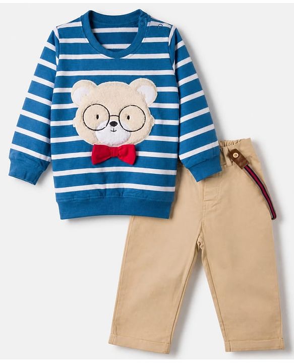 Babyhug 100% Cotton Single Jersey Knit Full Sleeves Striped T-Shirt and Pant with Suspender and Bear Patch - Blue