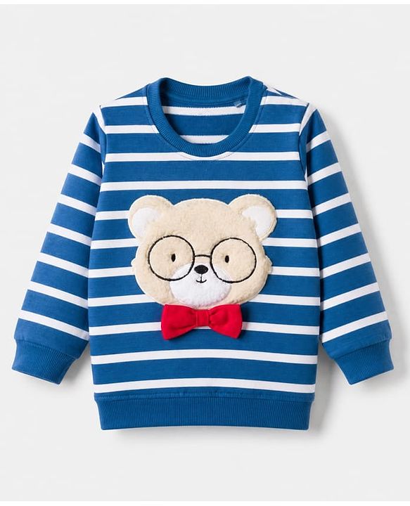 Babyhug 100% Cotton Single Jersey Knit Full Sleeves Striped T-Shirt and Pant with Suspender and Bear Patch - Blue