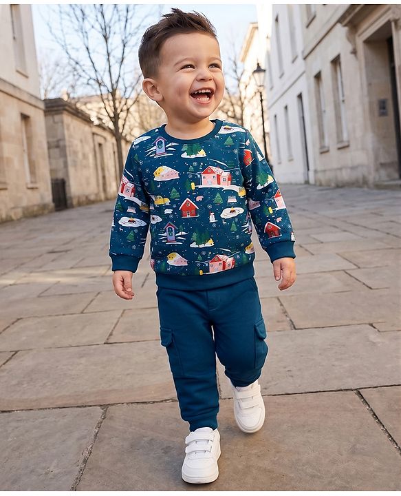 Babyhug 100% Cotton Knit Full Sleeves Christmas Theme Printed T-Shirt & Jogger Set - Dark Green