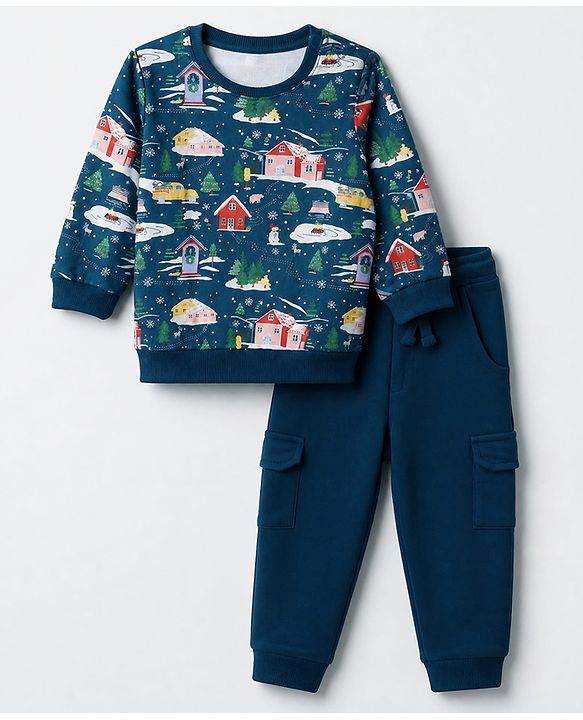 Babyhug 100% Cotton Knit Full Sleeves Christmas Theme Printed T-Shirt & Jogger Set - Dark Green