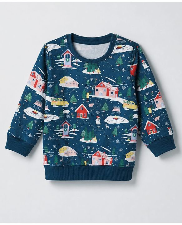 Babyhug 100% Cotton Knit Full Sleeves Christmas Theme Printed T-Shirt & Jogger Set - Dark Green