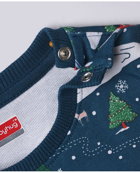 Babyhug 100% Cotton Knit Full Sleeves Christmas Theme Printed T-Shirt & Jogger Set - Dark Green