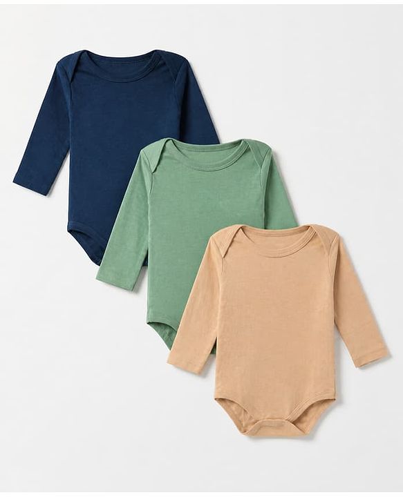 Babyhug 100% Cotton Interlock Knit Solid Onesies with Full Sleeves Pack of 3 - Sea Green, Tan & Navy Blue