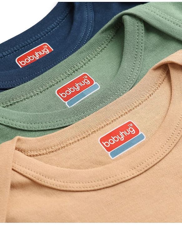 Babyhug 100% Cotton Interlock Knit Solid Onesies with Full Sleeves Pack of 3 - Sea Green, Tan & Navy Blue