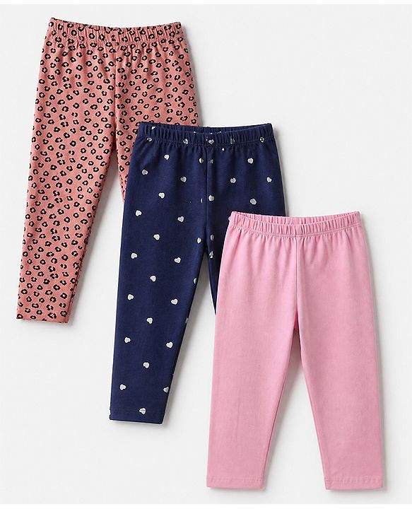 Babyhug Cotton Elastane Knit Full Length Leggings With Heart & Animal Print Pack of 3 - Pink & Black