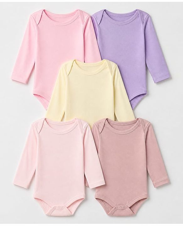 Babyhug 100% Cotton Interlock Knit Solid Onesies with Full Sleeves Pack of 5 - Pink, Lavender, Lemon, Baby Pink & Rose Gold