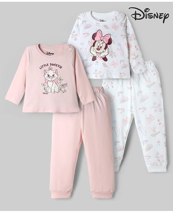Babyhug Disney Single Jersey Knit Full Sleeves T-Shirt & Pyjama Night Suit with Minnie Mouse & Marie Print Pack of 2 - Pink  & White