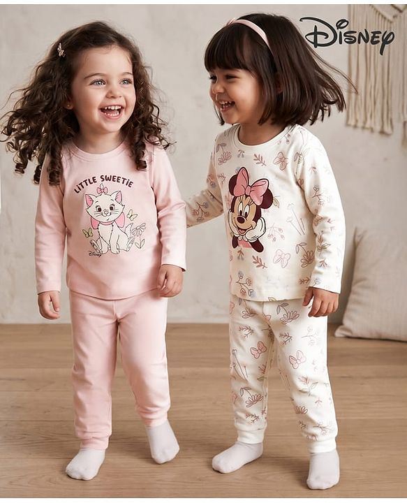 Babyhug Disney Single Jersey Knit Full Sleeves T-Shirt & Pyjama Night Suit with Minnie Mouse & Marie Print Pack of 2 - Pink  & White