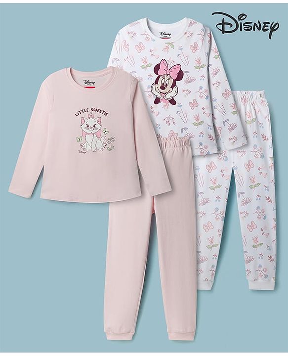 Babyhug Disney Single Jersey Knit Full Sleeves T-Shirt & Pyjama Night Suit with Minnie Mouse & Marie Print Pack of 2 - Pink  & White