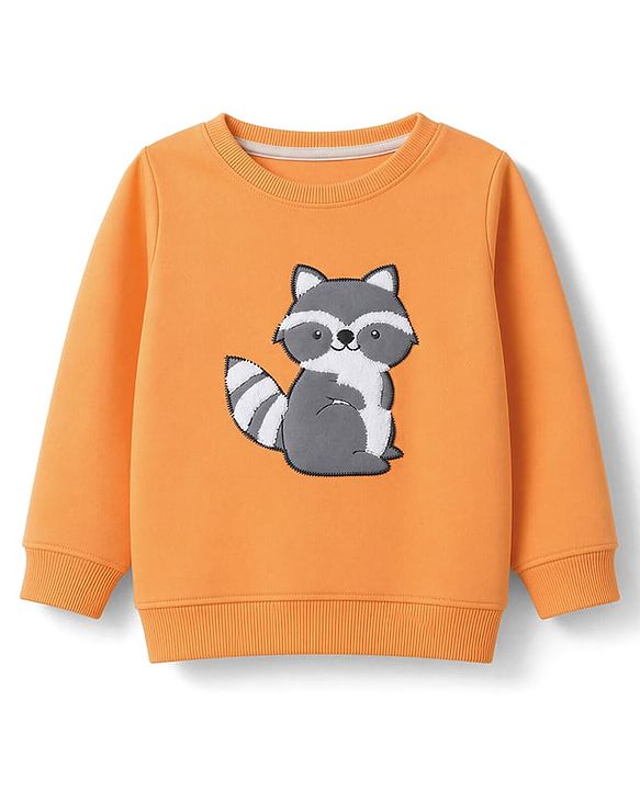 Babyhug 100% Cotton Knit Full Sleeves T-Shirt With Cat Embroidery & Joggers - Orange & Beige