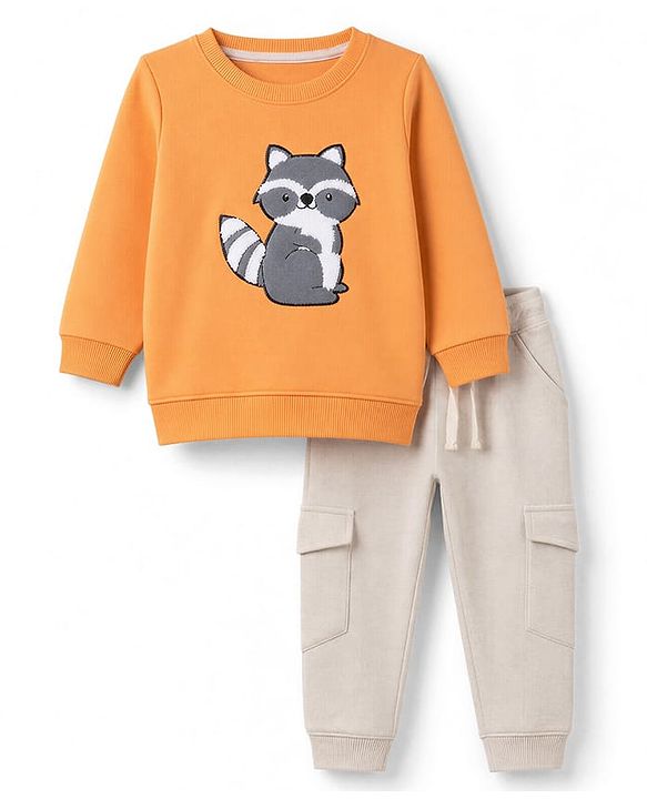 Babyhug 100% Cotton Knit Full Sleeves T-Shirt With Cat Embroidery & Joggers - Orange & Beige