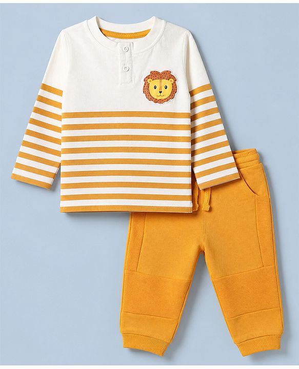 Babyhug 100% Cotton Terry Knit Full Sleeves T-Shirt & Joggers Set With Tiger Print - White & Light Orange